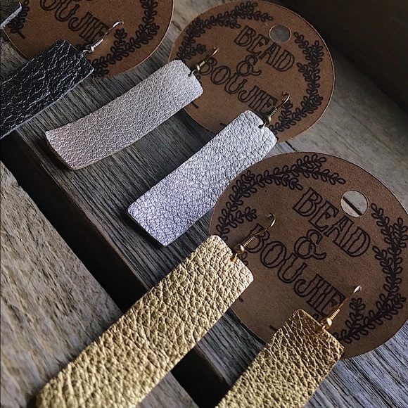 Genuine Metallic Leather Rectangle Bar Shaped Lightweight Dangle Earrings - Picture 4 of 8